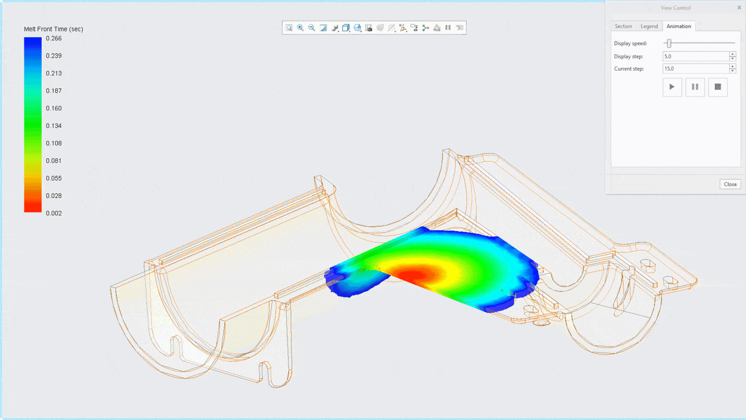 A 3D simulation of fluid dynamics within a pipe segment, displaying a color gradient representing velocity changes, with the simulation control panel visible on the right.