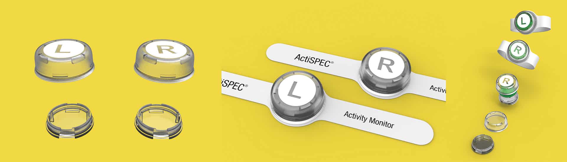 Contact lens activity monitors labeled "L" and "R" are displayed on a yellow background, including close-ups of the devices and their packaging.