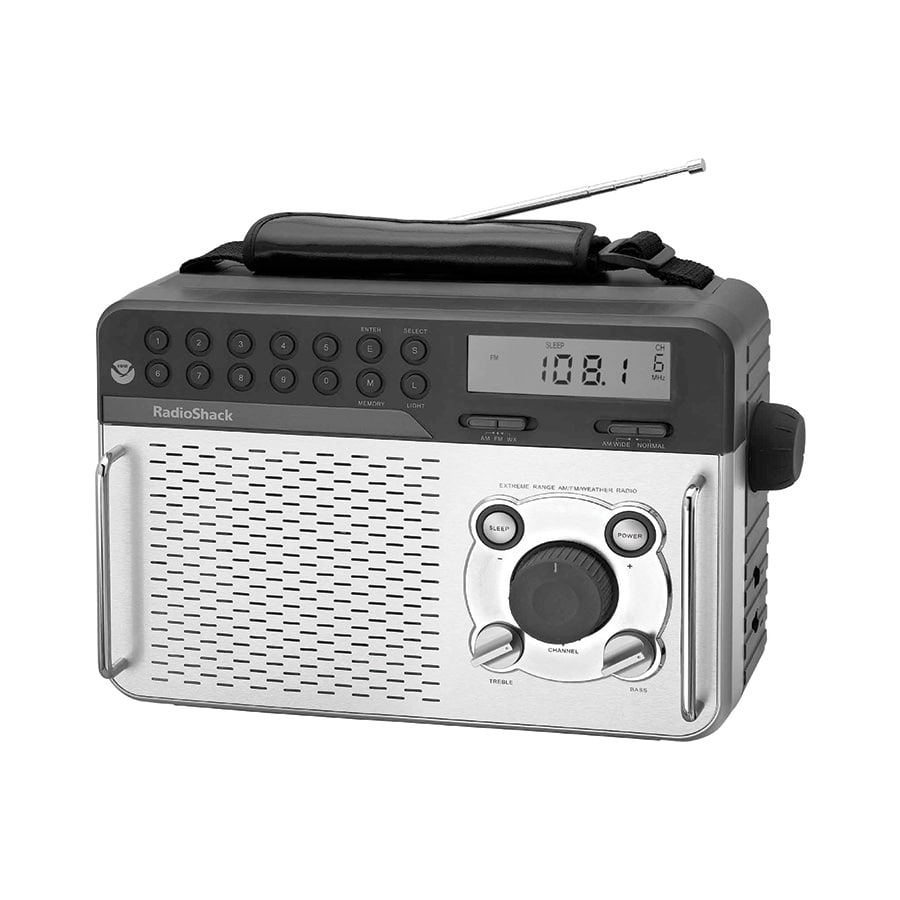 A portable RadioShack AM/FM radio with a digital display showing "108.1", speaker grille, and control buttons on the front.