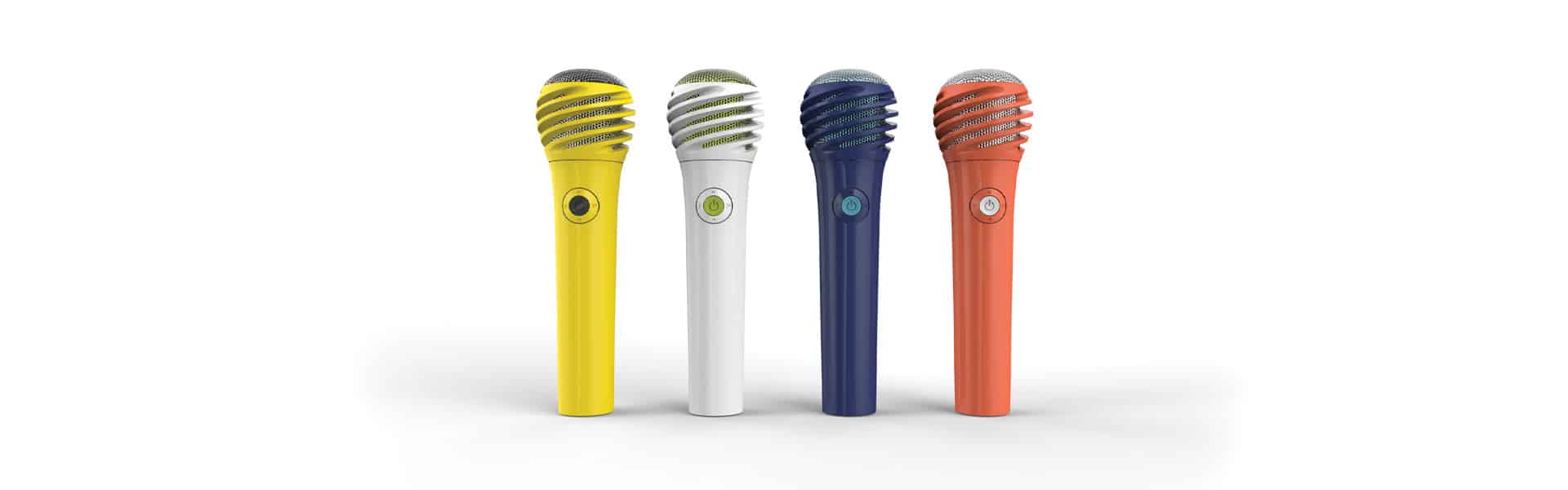 Four colorful microphones are lined up in a row. From left to right: yellow, white, navy blue, and orange.