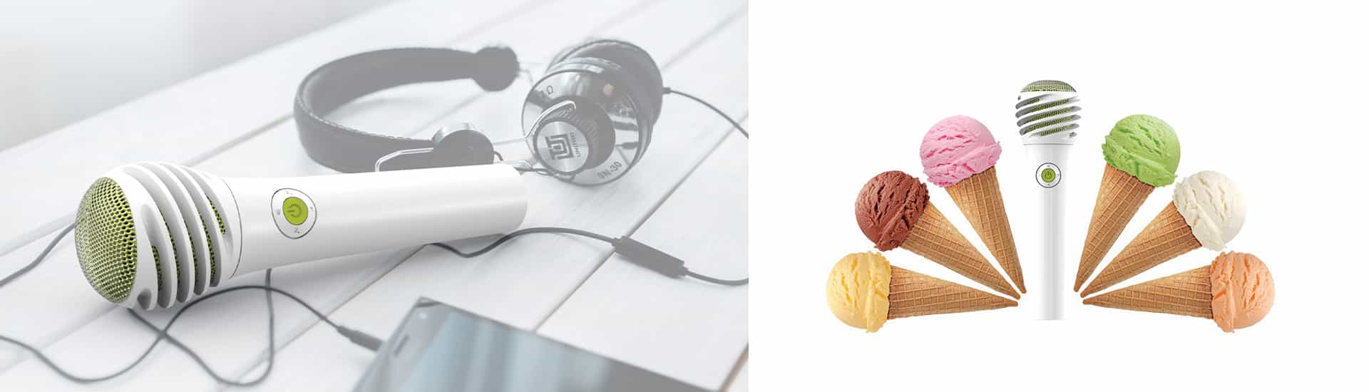Image of a microphone and headphones on a table next to an edited graphic of a microphone surrounded by ice cream cones of various flavors.