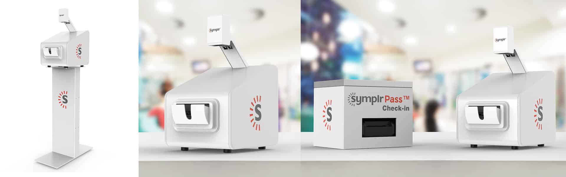 Three white Symplr Pass TV Check-In kiosks appear on different stands and backgrounds in a professional setting.