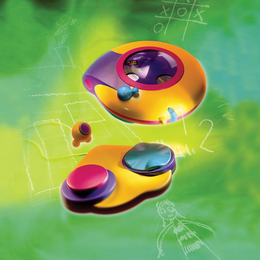 Colorful modern toy and game set against a green and yellow background with chalk drawings, including tic-tac-toe and a figure sketch.
