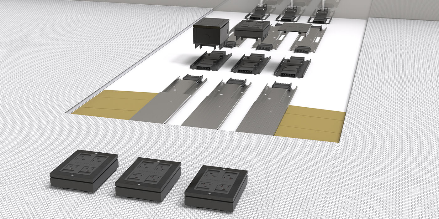 A computer-generated image of rows of electronic components and circuit connectors arranged on a white and gray grid surface.