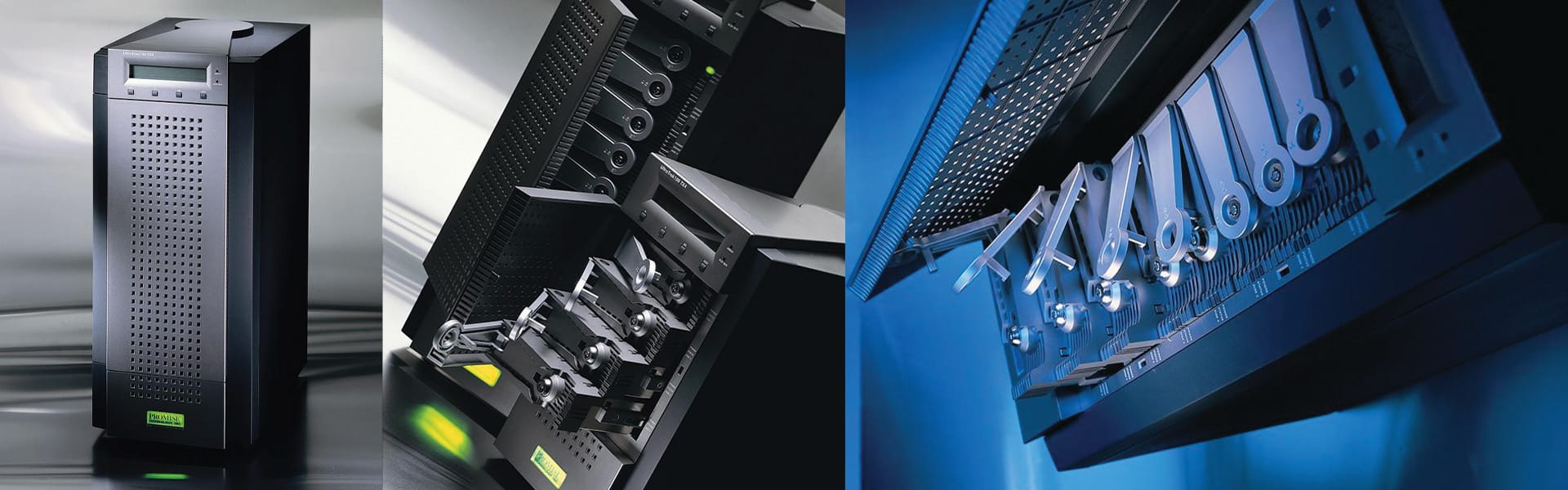 Close-up images of server hardware showing perforated panels, power connectors, and network interface cards inside a server rack.