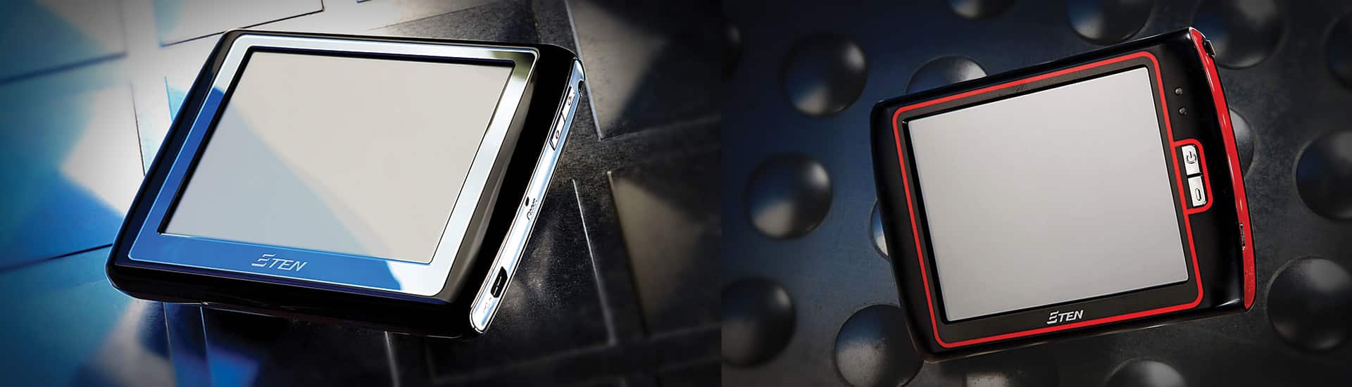 Two rectangular GPS navigation devices by ETEN are shown side by side, one with a silver edge and the other with a red edge, both placed on different surfaces.