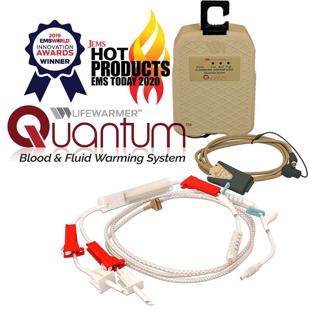 Image of the Lifewarmer Quantum Blood & Fluid Warming System with several cables and connectors, featuring award logos for 2019 and 2020.