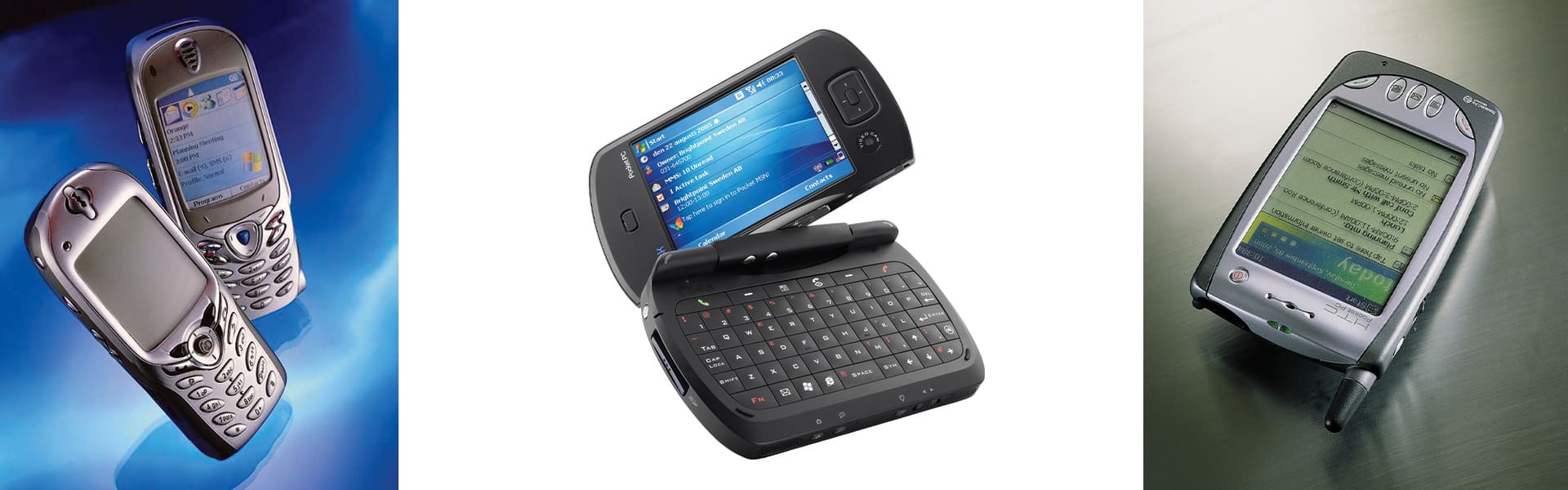 Three old mobile devices: a flip phone with a screen and keypad, a slider phone with a screen and QWERTY keyboard, and a PDA with a stylus and screen displaying text.