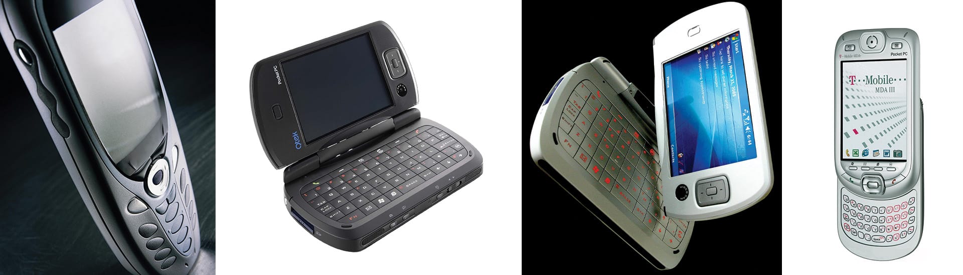 A sequence of four early 2000s mobile devices with physical keyboards, various designs, and screens ranging from monochrome to color displays.