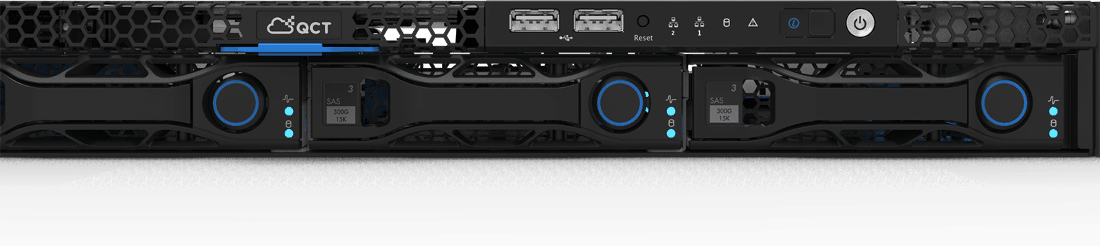 A front view of a server rack with multiple drive bays, indicator lights, USB ports, and control buttons. The logo "CGT" is visible on the upper left corner.