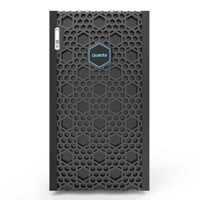 A black server with a hexagonal grid pattern on the front panel and a small logo with the word "Quanta" in blue at the center.