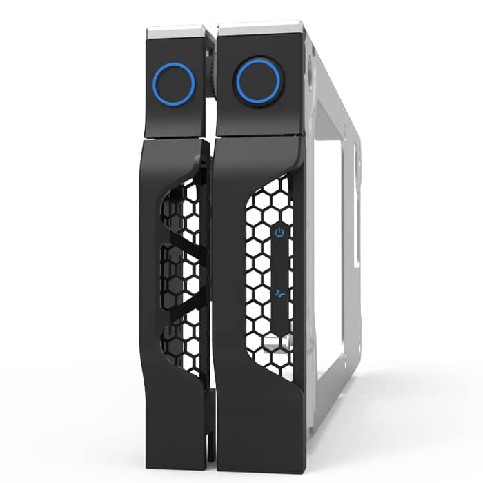 Two black hard drive enclosures with hexagonal ventilation patterns and blue circular power buttons are shown side by side.