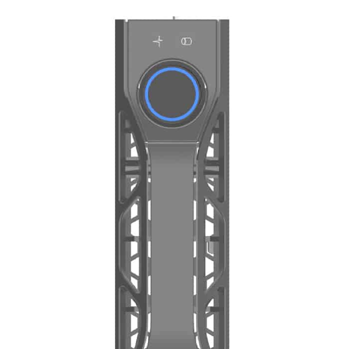 A vertical view of a black and gray electronic device with a circular button featuring an illuminated blue ring at the top.