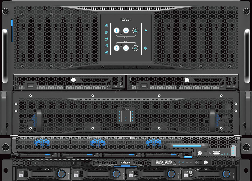 A close-up of a server rack with multiple units, featuring mesh panels, control buttons, and various connection ports. The top unit has a digital display with buttons and status indicators.