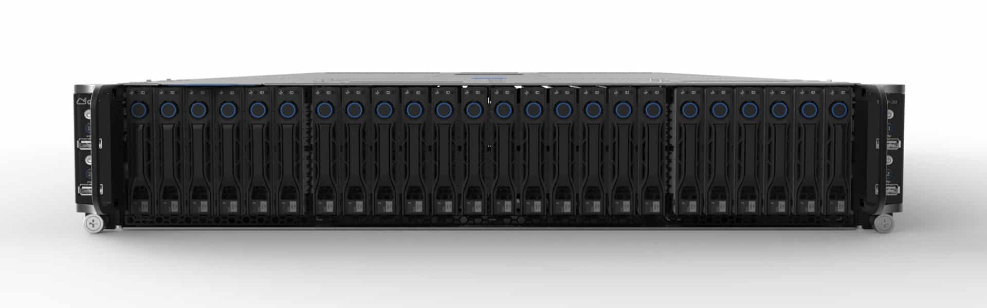 A black computer server with 24 front-facing drive bays and various ports and buttons, set against a plain white background.