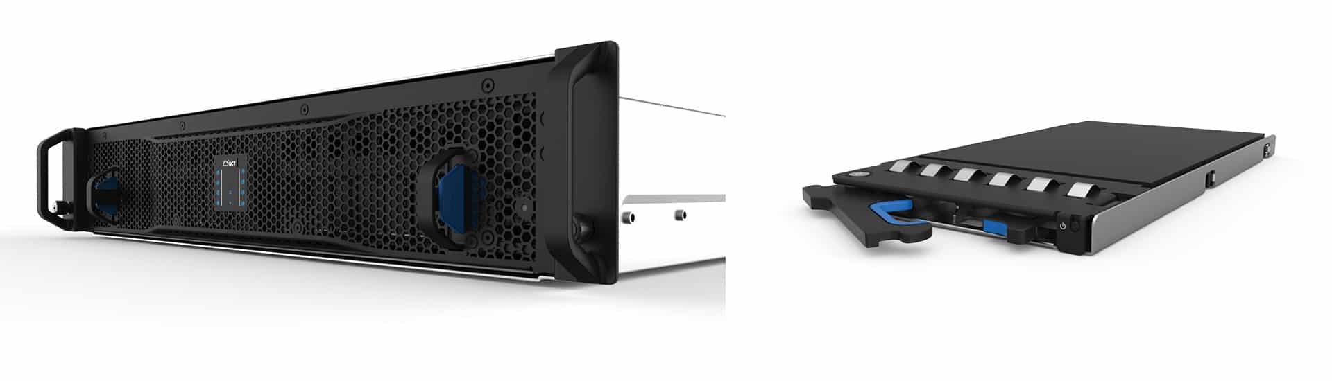 Close-up of a network server unit with a perforated front panel on the left and a detachable drive or component with a pull handle on the right.