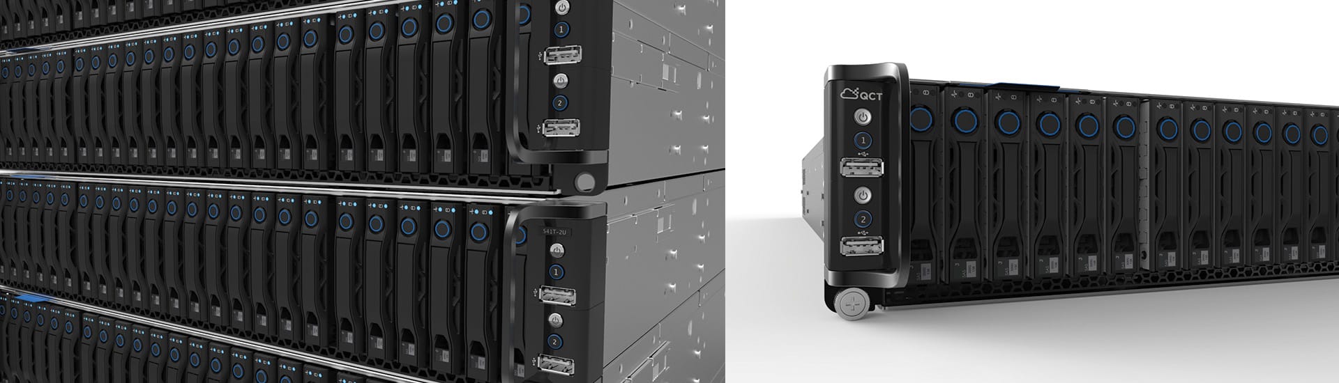 Close-up view of server racks with multiple hardware units arranged in slots, showcasing the front panel interfaces and indicators.