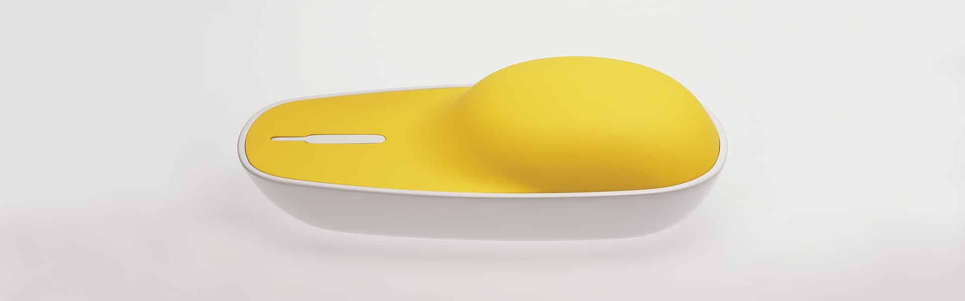 A modern, yellow and white wireless computer mouse with a minimalist design is shown against a plain white background.