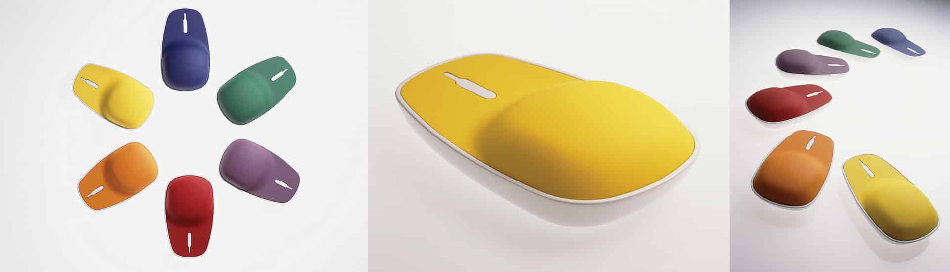 A collection of seven colorful computer mice displayed in various arrangements. The mice are in yellow, green, purple, blue, red, and orange.