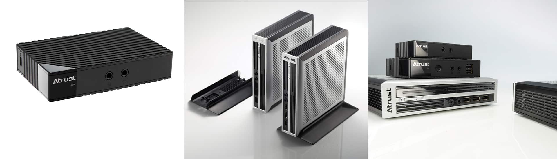 A series of three images showing different models of AirTrust branded small form factor computers.